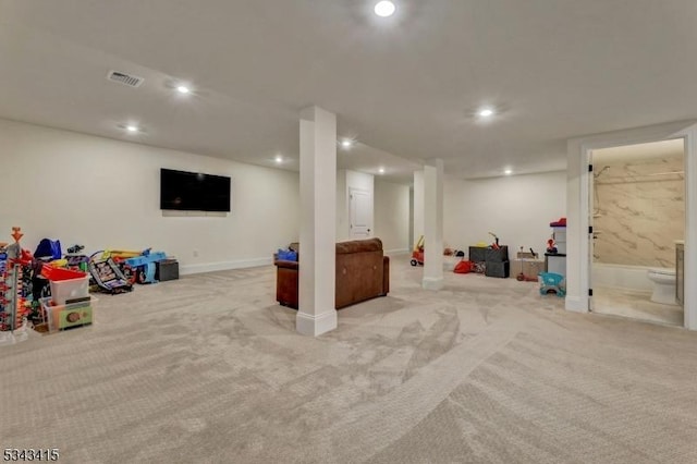 interior space with recessed lighting, visible vents, carpet floors, and baseboards