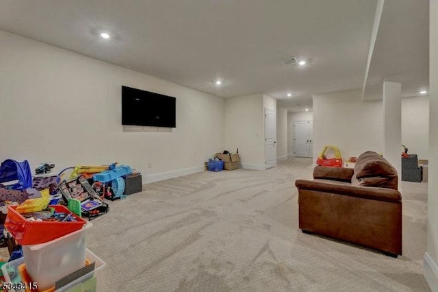 recreation room featuring visible vents, recessed lighting, baseboards, and carpet floors