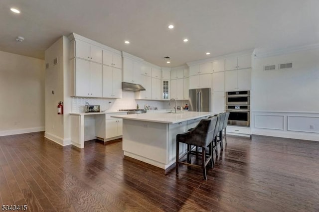 kitchen featuring under cabinet range hood, decorative backsplash, a kitchen breakfast bar, stainless steel appliances, and a sink