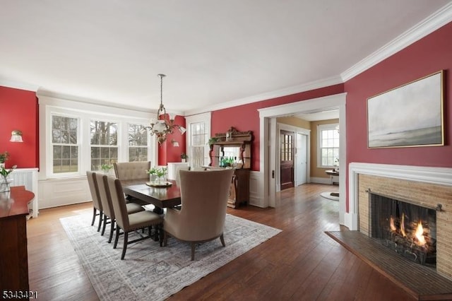 dining space with wainscoting, a fireplace, hardwood / wood-style flooring, and ornamental molding