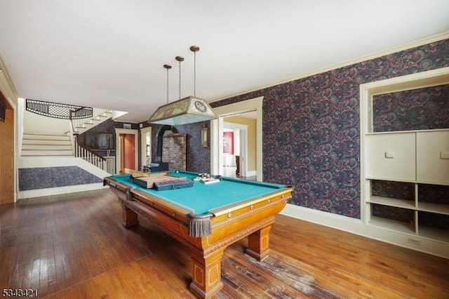 game room featuring wallpapered walls, pool table, baseboards, and wood-type flooring