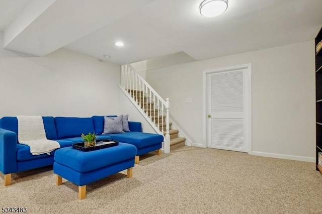 living area featuring stairway, recessed lighting, baseboards, and carpet floors