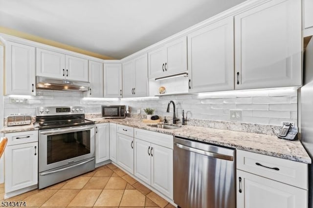 106 Chincopee Ave, Hopatcong Boro, NJ 07843 - kitchen with stainless steel appliances, under cabinet range hood, white cabinets, tasteful backsplash, and light stone countertops