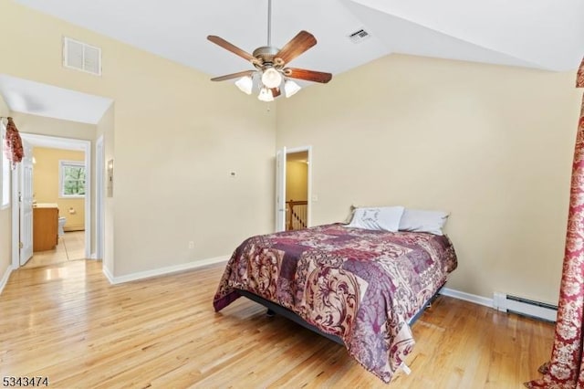 106 Chincopee Ave, Hopatcong Boro, NJ 07843 - bedroom featuring a baseboard heating unit, light wood finished floors, lofted ceiling, and ceiling fan