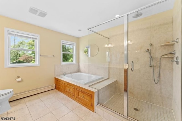 106 Chincopee Ave, Hopatcong Boro, NJ 07843 - bathroom with a baseboard heating unit, tile patterned floors, a garden tub, and a shower stall