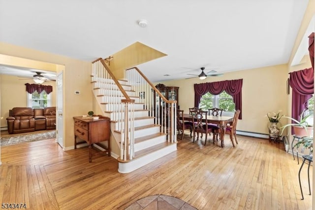 106 Chincopee Ave, Hopatcong Boro, NJ 07843 - dining area with a ceiling fan, stairs, light wood finished floors, and a baseboard radiator