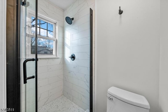 bathroom featuring toilet and a stall shower