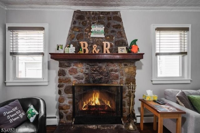 interior space with a stone fireplace, crown molding, and a baseboard radiator