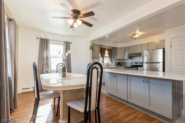 kitchen featuring under cabinet range hood, baseboard heating, gray cabinets, appliances with stainless steel finishes, and a kitchen island with sink