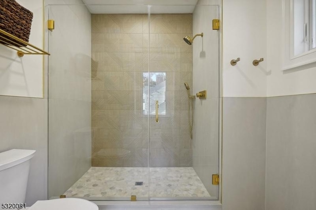 full bathroom featuring toilet and a shower stall