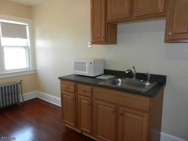 kitchen featuring radiator, white microwave, dark wood-style flooring, a sink, and dark countertops