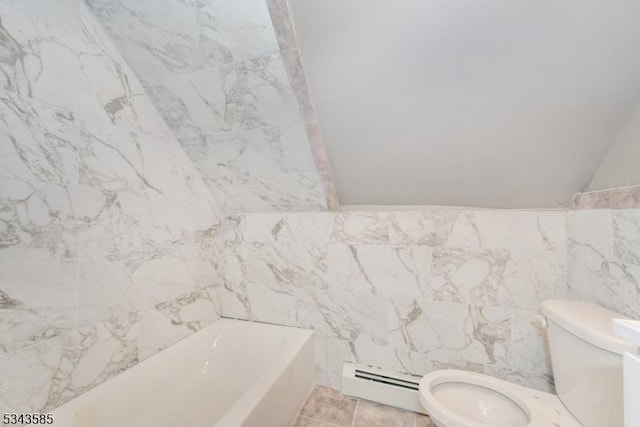 full bathroom with a baseboard radiator, toilet, tile walls, and a washtub