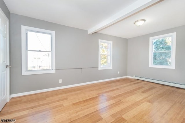 unfurnished room with light wood finished floors, beamed ceiling, a baseboard heating unit, and baseboards