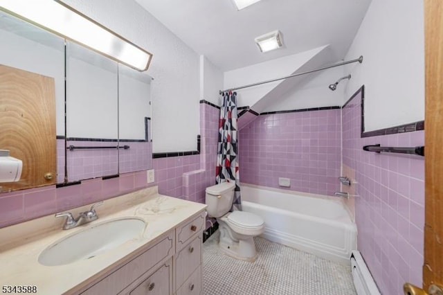 bathroom featuring shower / bathtub combination with curtain, tile patterned flooring, a baseboard heating unit, tile walls, and toilet