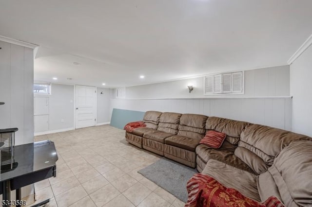 living room featuring light tile patterned flooring and recessed lighting