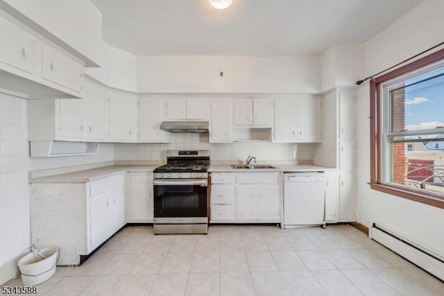 kitchen with a baseboard radiator, a sink, under cabinet range hood, dishwasher, and stainless steel gas stove