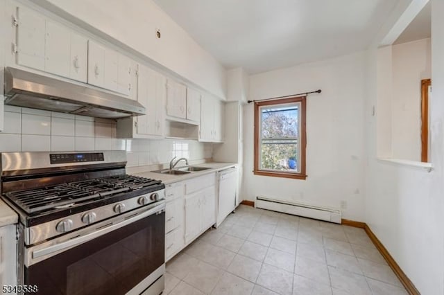 kitchen featuring a baseboard heating unit, under cabinet range hood, white dishwasher, gas stove, and a sink