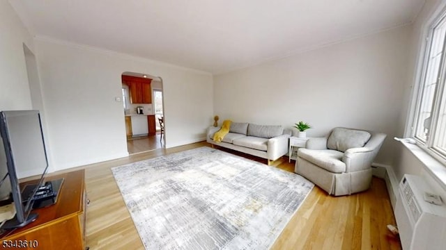 living area featuring light wood-style flooring, plenty of natural light, arched walkways, and ornamental molding