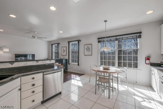 kitchen with a ceiling fan, white cabinetry, recessed lighting, dishwasher, and dark countertops