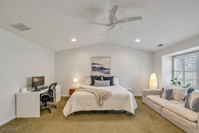 bedroom featuring visible vents, baseboards, carpet flooring, and vaulted ceiling