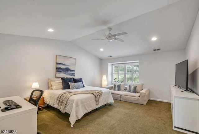 bedroom with a ceiling fan, visible vents, recessed lighting, vaulted ceiling, and carpet flooring