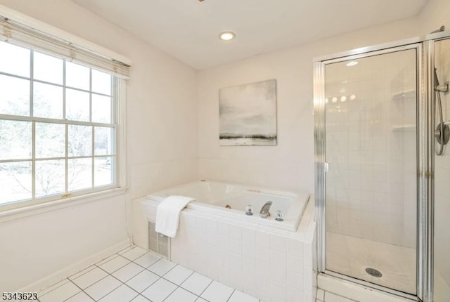 full bathroom with tile patterned flooring, baseboards, recessed lighting, a stall shower, and a bath