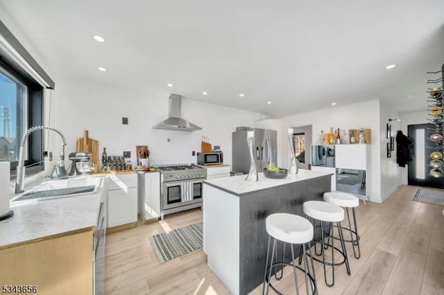 kitchen featuring a sink, light wood-style flooring, wall chimney exhaust hood, and stainless steel appliances