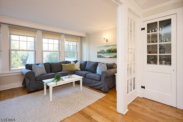 living area with a healthy amount of sunlight, light wood-type flooring, baseboards, and ornamental molding