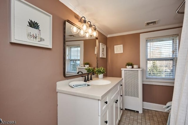 bathroom featuring visible vents, an inviting chandelier, crown molding, baseboards, and vanity