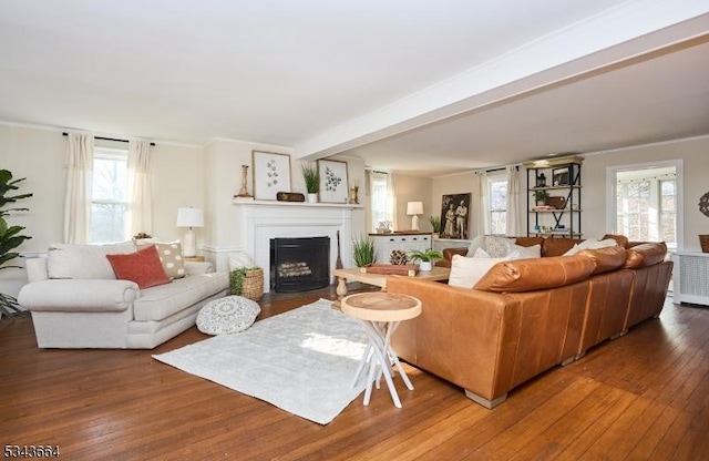 living area with a fireplace with flush hearth, beamed ceiling, and wood-type flooring