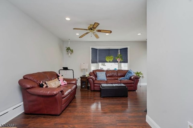 living area with baseboards, ceiling fan, baseboard heating, recessed lighting, and wood finished floors