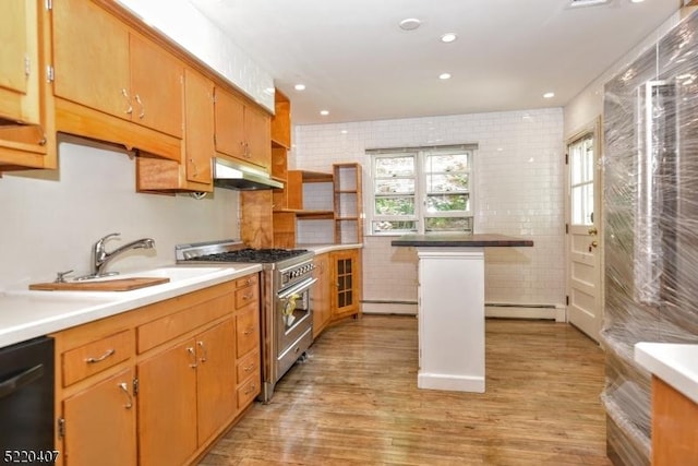 kitchen featuring a sink, black dishwasher, under cabinet range hood, high end stainless steel range, and light wood-type flooring