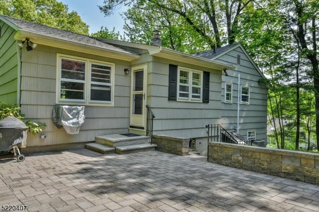 rear view of house featuring a patio, a chimney, and entry steps