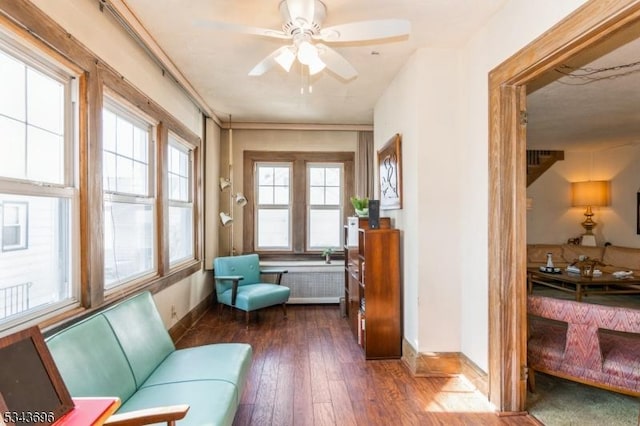 sunroom with radiator heating unit, a wealth of natural light, and ceiling fan