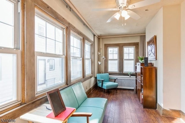 sunroom / solarium featuring radiator and a ceiling fan