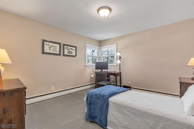 carpeted bedroom featuring a baseboard radiator