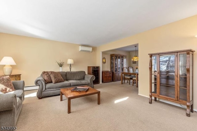 living room featuring baseboards, light carpet, baseboard heating, and an AC wall unit