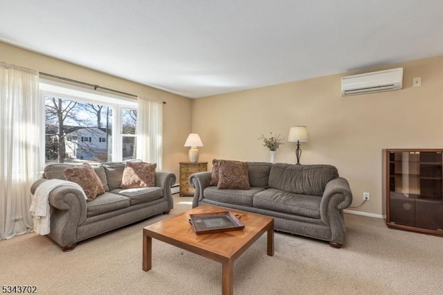 living area with baseboards, carpet flooring, and a wall mounted AC