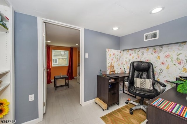 office area with recessed lighting, baseboards, and visible vents