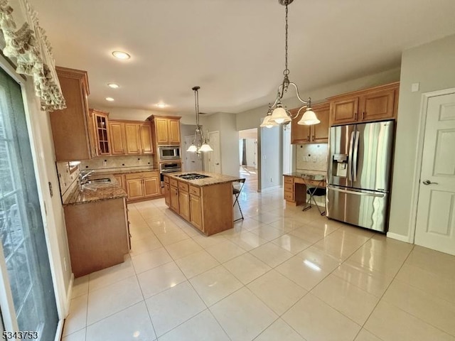 20 Tonnelier Way, Denville Twp, NJ 07834 - kitchen with stainless steel appliances, tasteful backsplash, light stone countertops, recessed lighting, and light tile patterned floors
