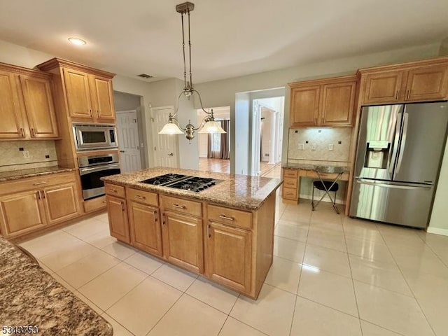 20 Tonnelier Way, Denville Twp, NJ 07834 - kitchen with appliances with stainless steel finishes, decorative backsplash, light stone countertops, a center island, and light tile patterned flooring