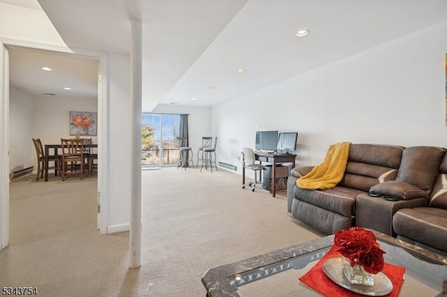 living area featuring recessed lighting, baseboards, and carpet floors