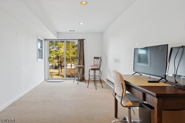 carpeted office space featuring visible vents, recessed lighting, baseboards, and baseboard heating