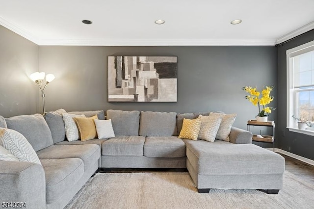 living area with crown molding, recessed lighting, wood finished floors, and baseboards