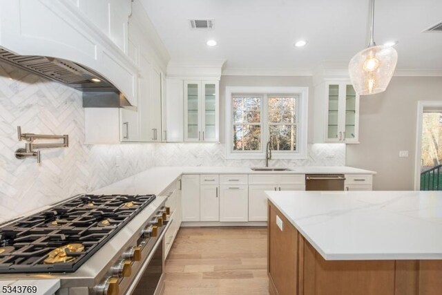 kitchen with visible vents, crown molding, appliances with stainless steel finishes, custom exhaust hood, and a sink