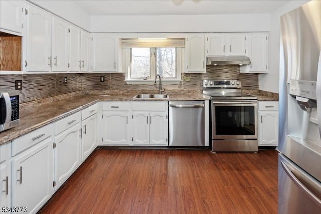 kitchen with a sink, white cabinetry, under cabinet range hood, and stainless steel appliances