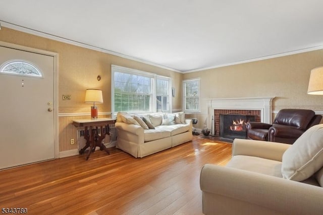 living area with a wainscoted wall, light wood finished floors, radiator heating unit, a fireplace, and ornamental molding