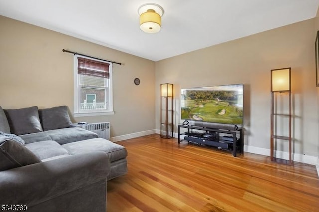 living room featuring baseboards, radiator, and wood finished floors