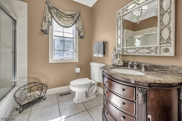 full bath featuring visible vents, baseboards, toilet, tile patterned floors, and vanity