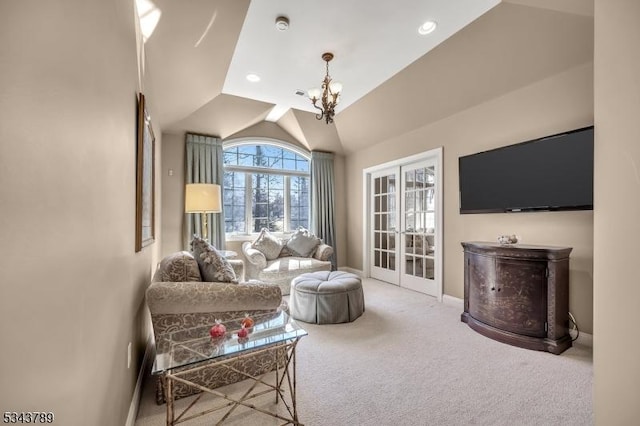 carpeted living room featuring baseboards, recessed lighting, vaulted ceiling, french doors, and a notable chandelier